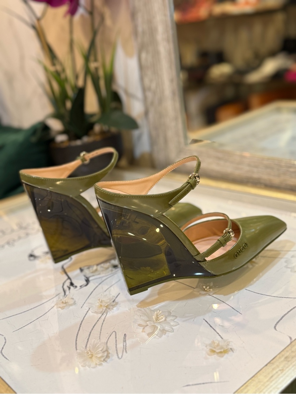 Gucci Olive Patent Leather Double-Strap Wedge Pumps - Picture 13 of 13